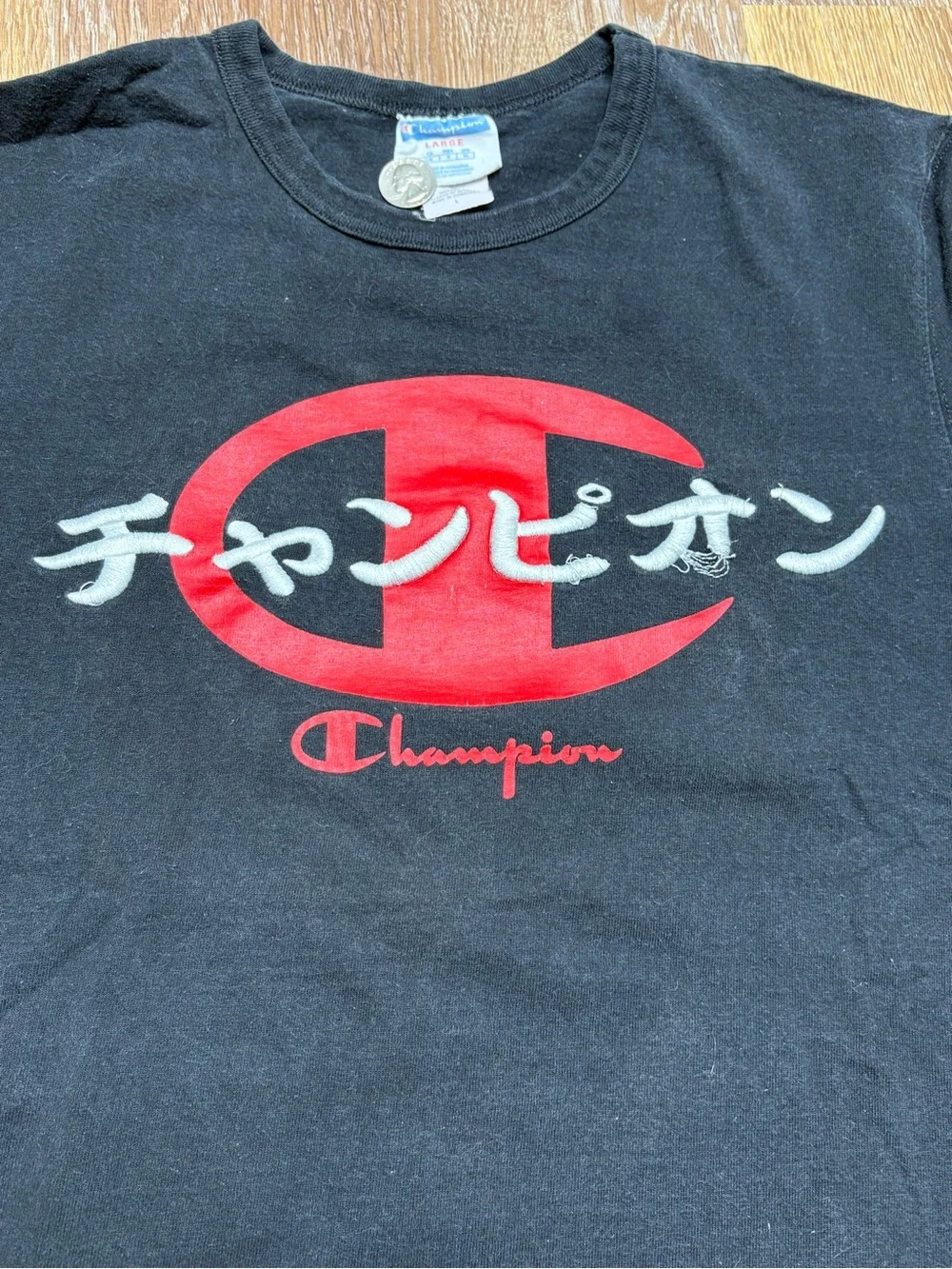 Champion Black Short-Sleeve Tee with Red Logo and White Japanese Text - Picture 2 of 7